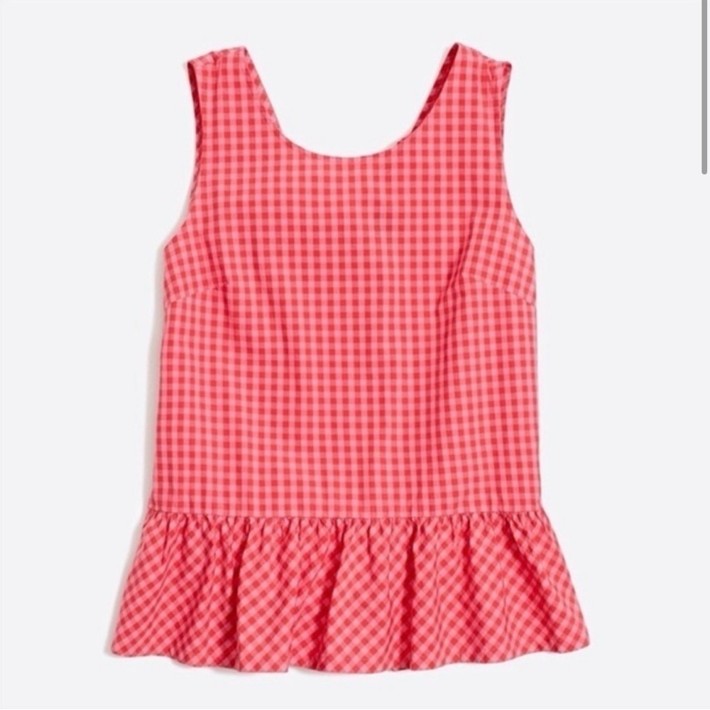 J. Crew Red and Pink Gingham Checkered Bow Back Peplum Tank Top XS